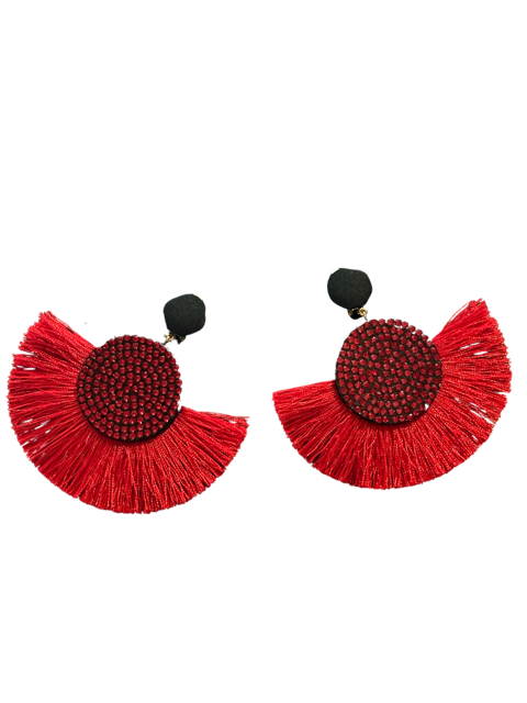 Bohemian 3 1/4" clip on red stones and red thread fan style earrings