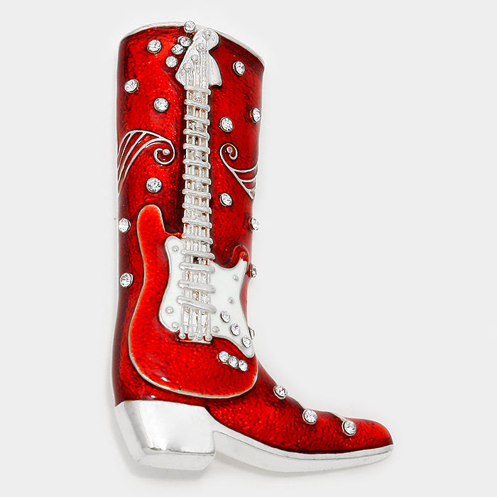 Western 2 1/2" silver, red boot and white guitar pin-broach with clear stones