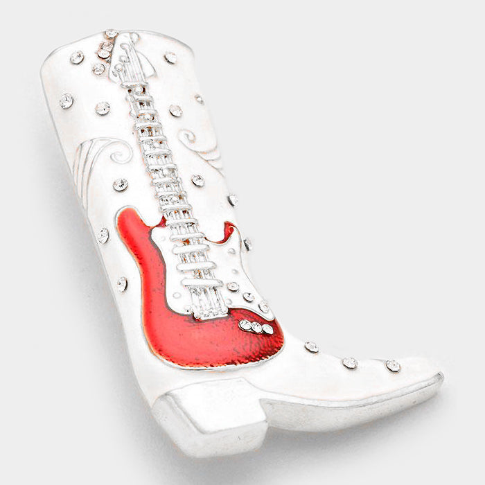 Western 2 1/2" silver, white boot with red guitar pin-broach and clear stones