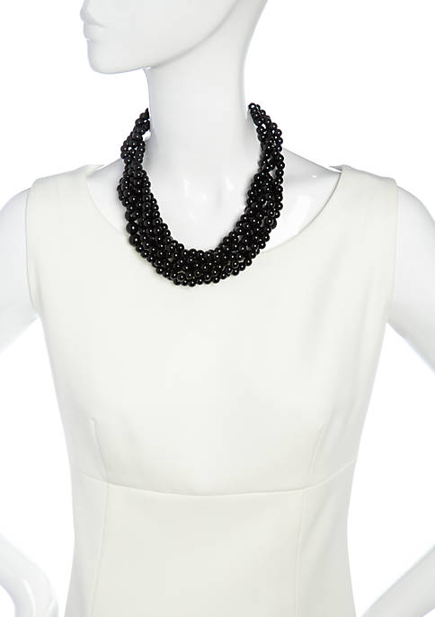 Silver and black bead braided necklace and pierced earring set