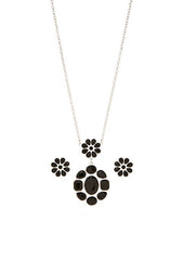 Silver and black stone flower necklace and pierced earrings