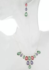 Silver pierced green multi colored stone teardrop necklace set