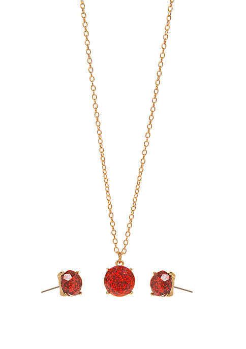 Gold pierced red glitter stone pendant necklace and earring set