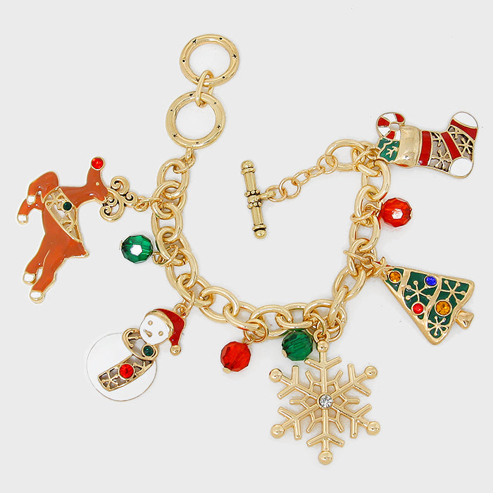 Gold adjustable snowflake charm bracelet with green & red beads