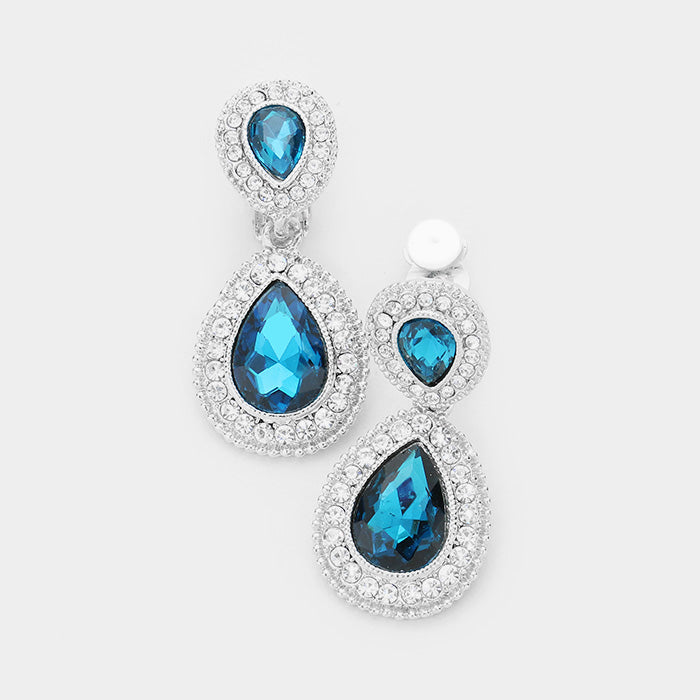 Clip on 1 3/4" silver, turquoise & clear stone double teardrop earrings