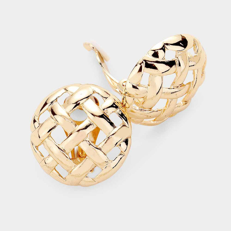 Clip on 1 1/4" shiny gold loose woven round button style earrings