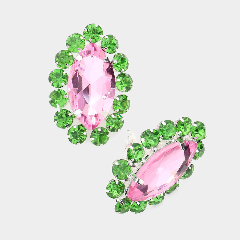 Trendy 1 3/4" clip on  silver, green and pink pointed stone button style earrings