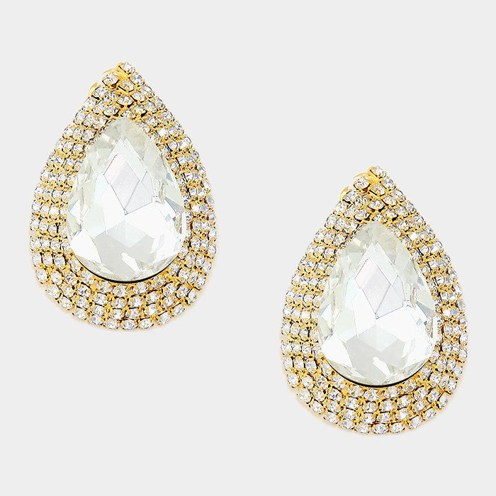 Clip on 1 3/4" xlarge gold clear stone teardrop earrings with four row edges