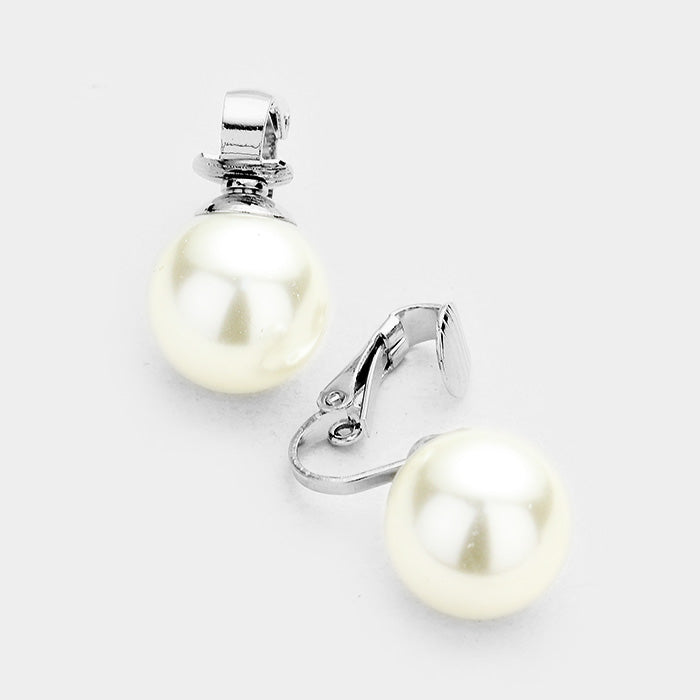 Clip on 3/4" silver and .06 cream pearl round button style earrings