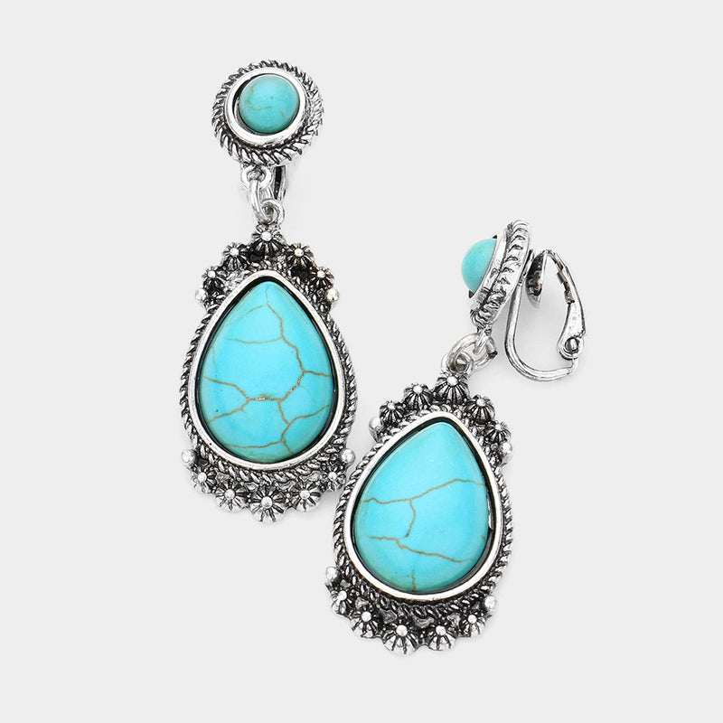 Clip on 2" silver and turquoise stone dangle teardrop earrings