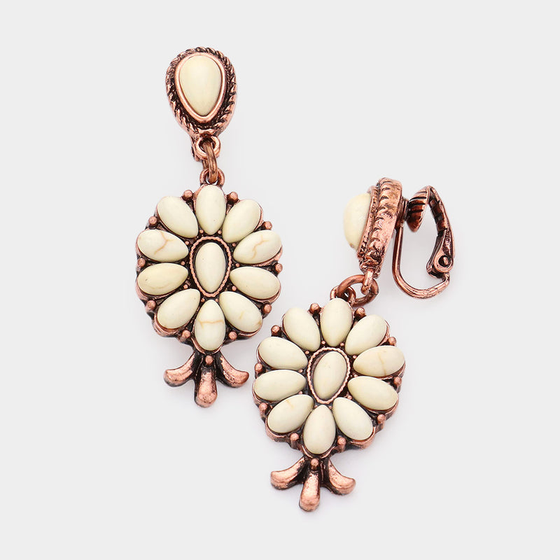 Clip on rose and white stone flower earrings with stem