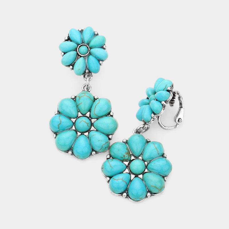 Western 1 3/4" clip on silver and turquoise stone flower earrings