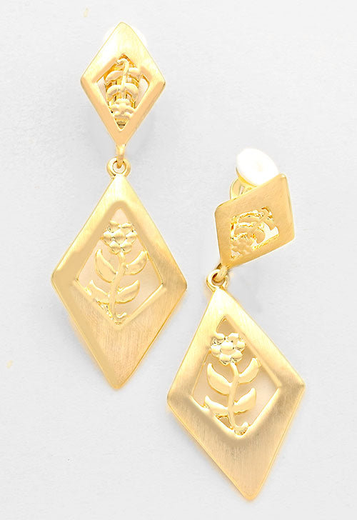 Clip on 2 3/4" matte gold cutout kite flower earrings