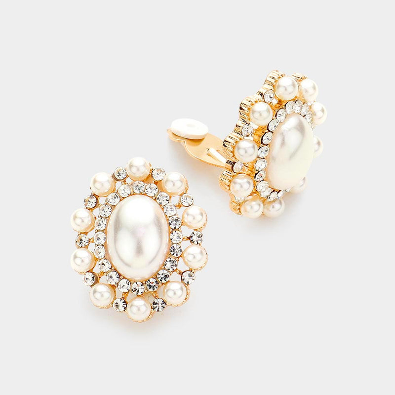 Classy 1 1/2" clip on silver or gold pearl and clear stone oval earrings