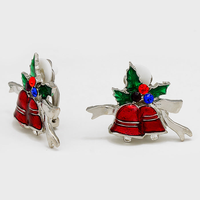 Clip on 1" silver, red and green double bell earrings with multi colored stones