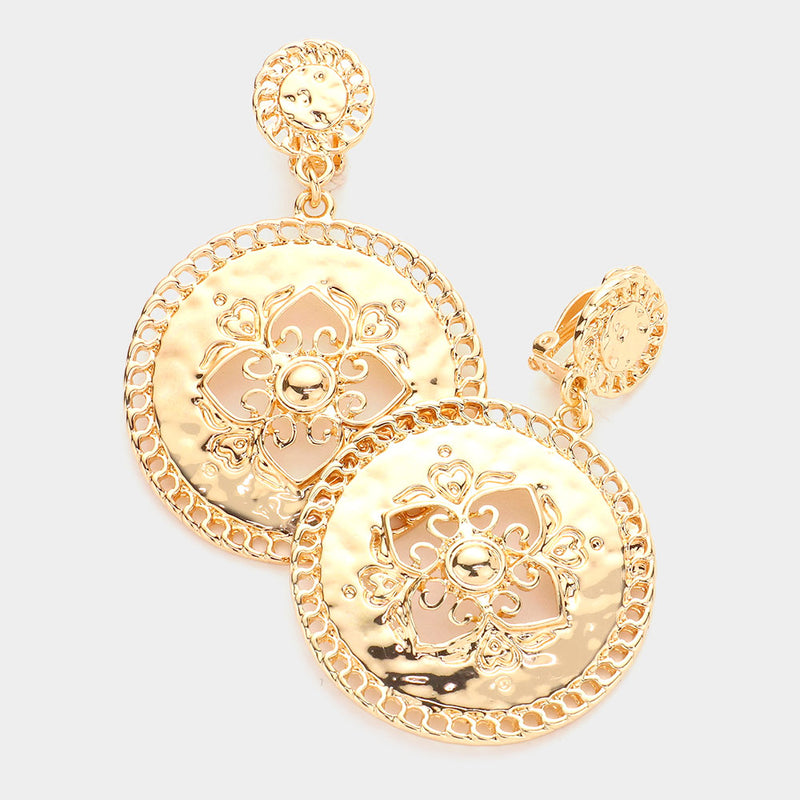 Clip on 2 1/4" matte gold circle & wide bottom dangle earrings