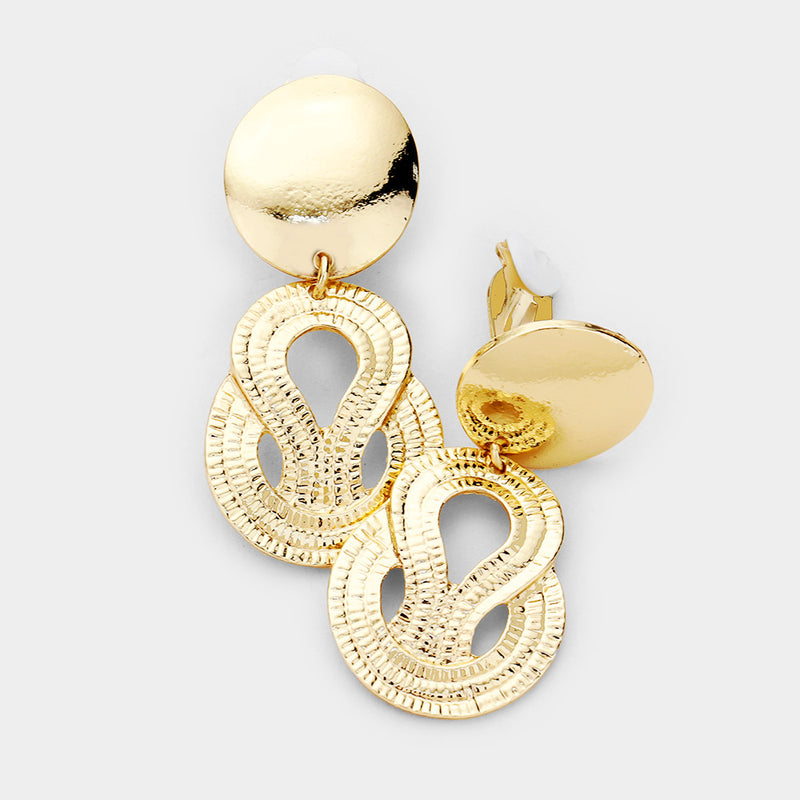 Trendy clip on 2 1/4" shiny gold dangle woven earrings