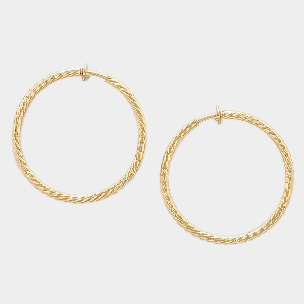 Clip on 1 3/4" gold indented twisted spring back hoop earrings