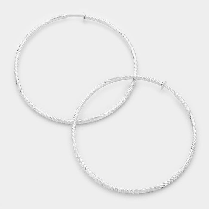 Clip on 3" XL silver hammered spring back hoop earrings