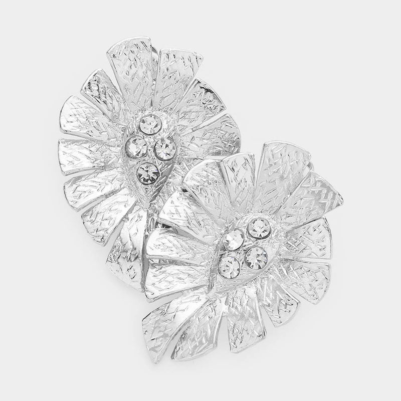 Clip on 2 1/4" large cutout textured leaf earrings with clear stone center