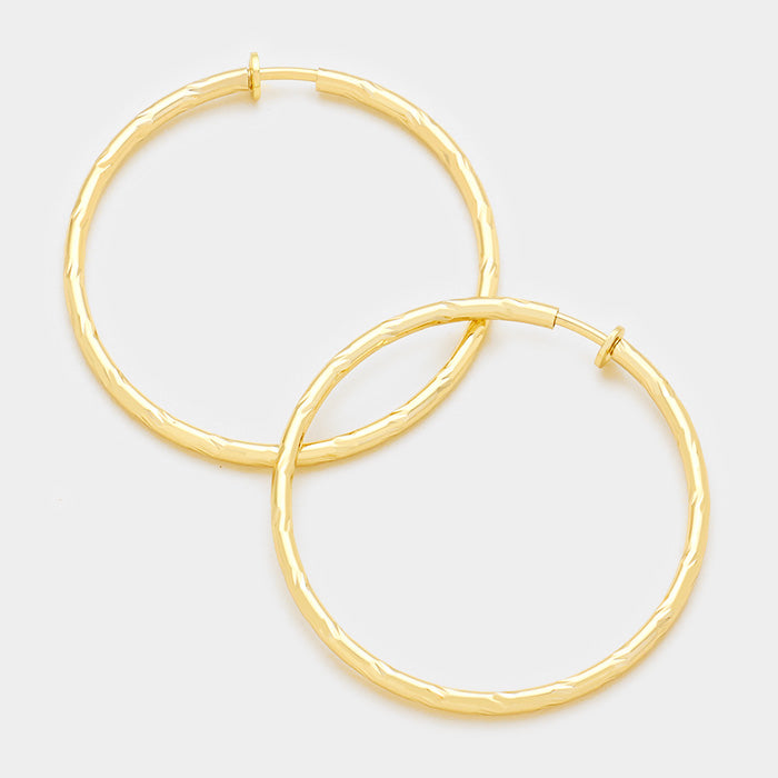 Clip on 2 1/2" shiny gold sparkle cutout spring back hoops