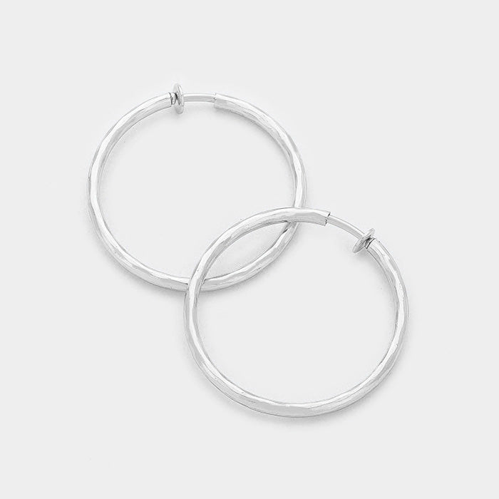 Clip on 1 3/4"  silver hammered spring back hoop earrings