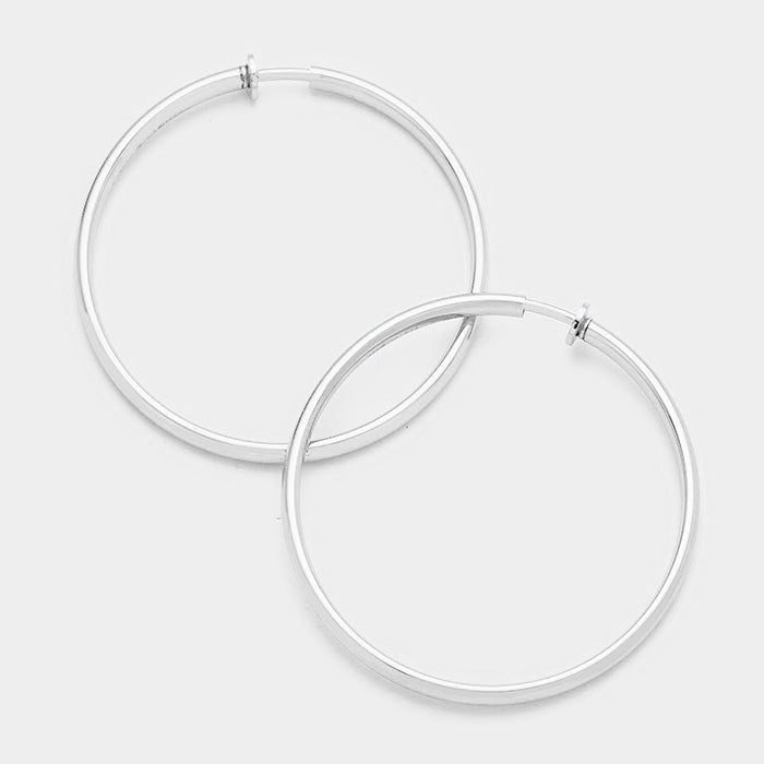 Clip on 2 1/2" shiny silver spring back hoops