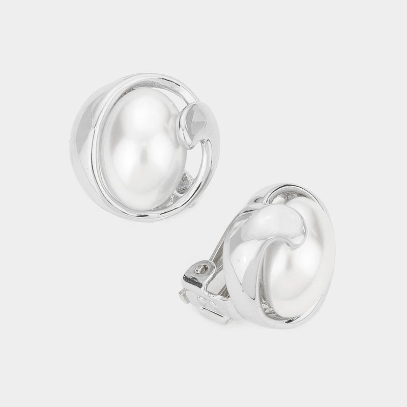 Classy 1" silver swirl edge raised white pearl button style earrings