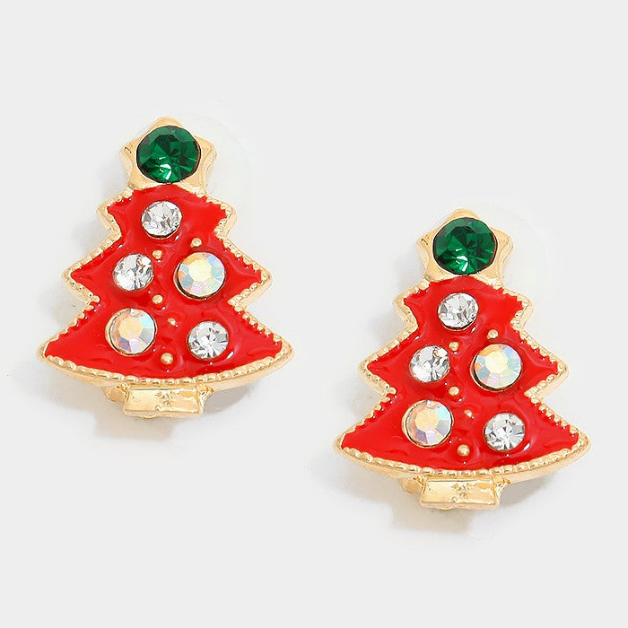 Clip on 3/4" gold, red, fluorescent stone Christmas Tree earrings