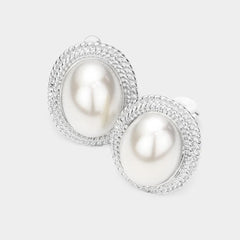 Clip on silver white pearl oval earrings with textured edges