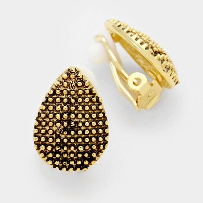 Clip on small gold textured teardrop earrings