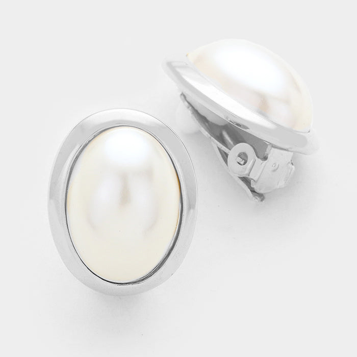 Clip on 1" silver and white pearl oval button style earrings