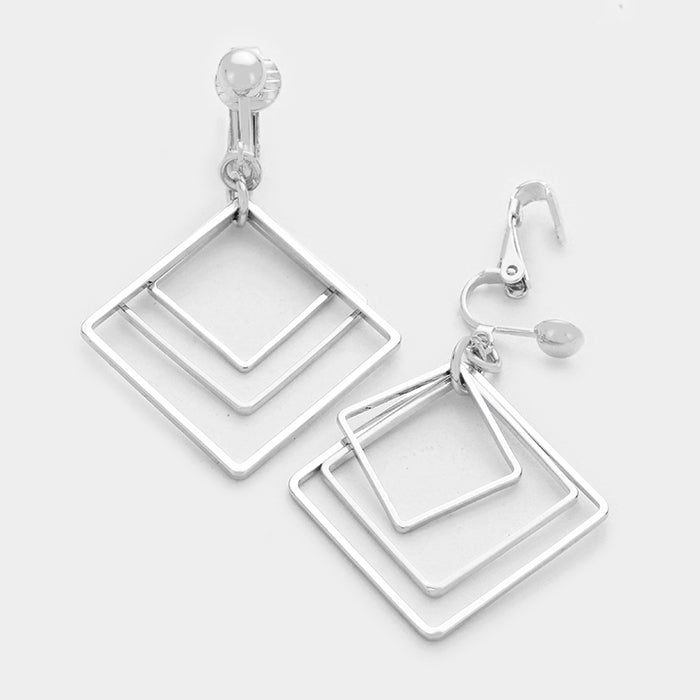 Clip on lightweight 2" silver multi layer square hoop earrings