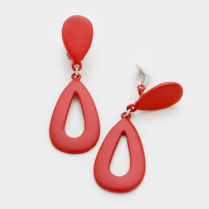 Trendy silver clip on 2 1/4" red painted cutout dangle teardrop earrings