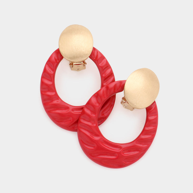Clip on 1 3/4" matte gold dangle red painted hammered dangle hoop earrings