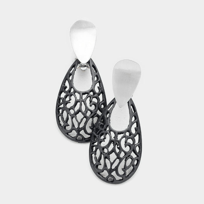 Trendy 2" clip on shiny silver and dangle cutout black net earrings