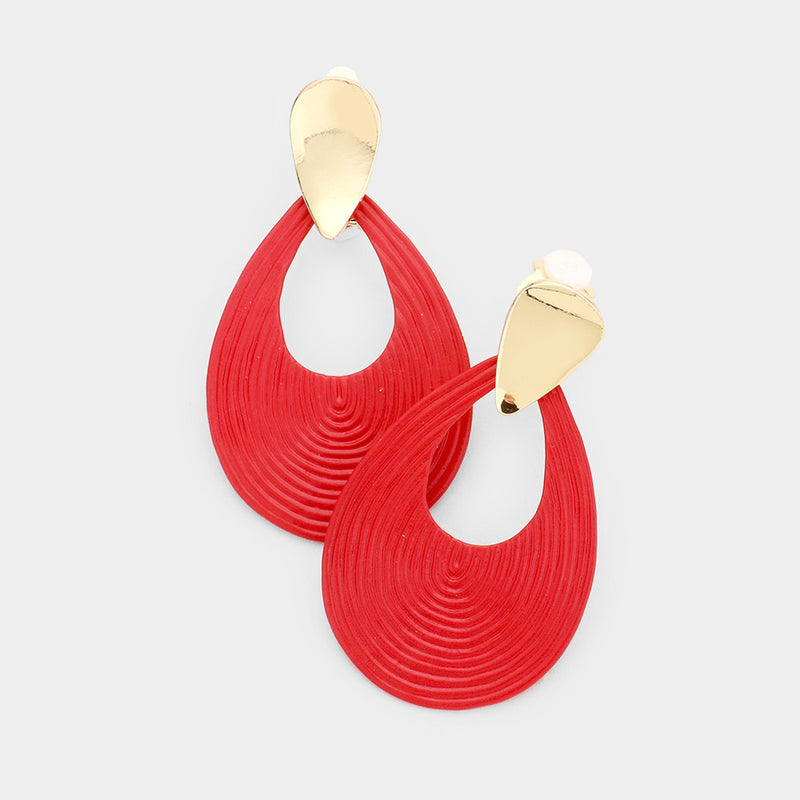 Trendy clip on 2 1/2" gold and red indented wide teardrop flat clasp earrings