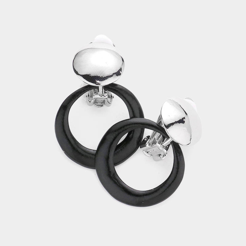 Trendy clip on 1 1/2" shiny silver dangle black painted hoop earrings