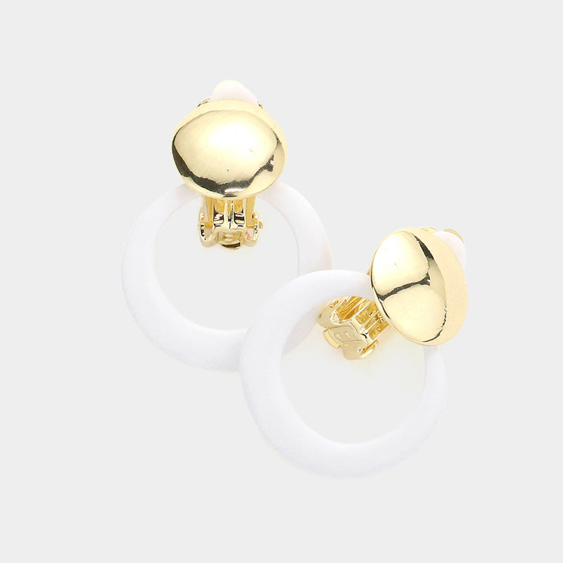 Trendy clip on 1 1/2" shiny gold dangle white painted hoop earrings