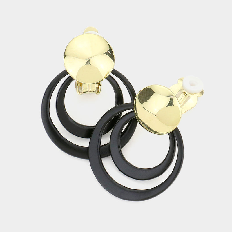 Trendy 1 1/2" shiny gold and black painted double hoop dangle earrings