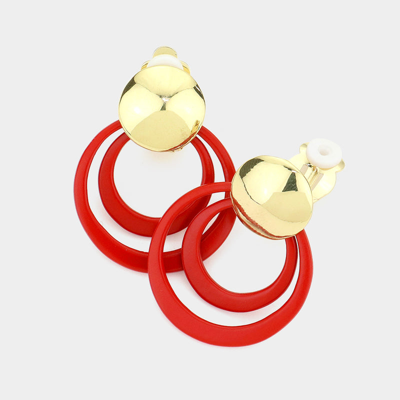 Trendy 1 1/2" shiny gold and red painted double hoop dangle earrings