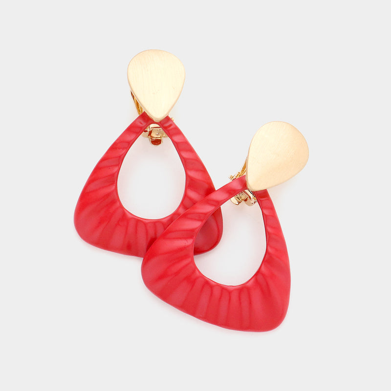 Classy 2" clip on matte gold and red painted indented dangle triangle earrings