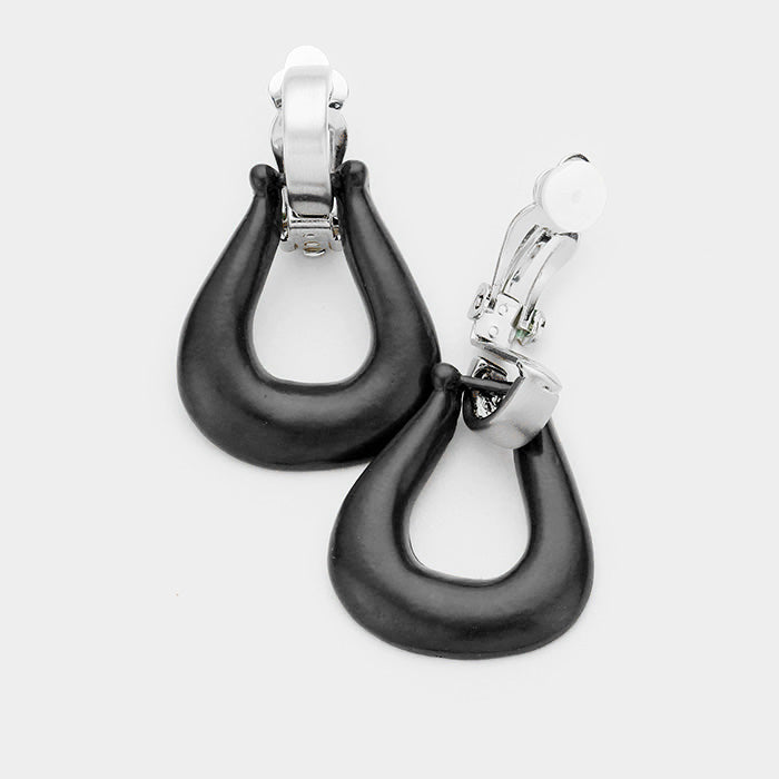 Clip on 1 1/2"matte silver and black painted door knob dangle earrings