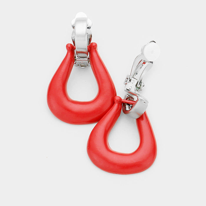 Clip on 1 1/2" matte silver & red door knob earrings