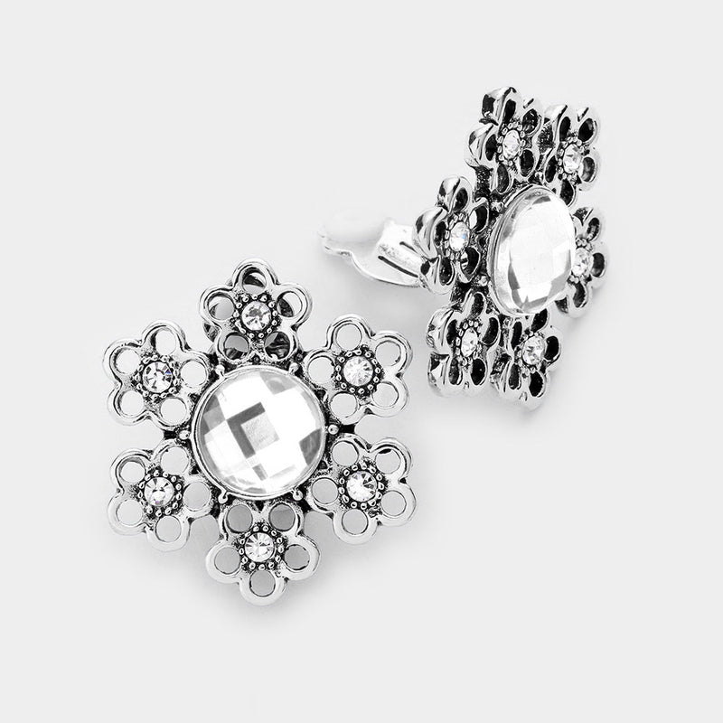 Clip on 1 1/2" silver cutout clear stone flower earrings