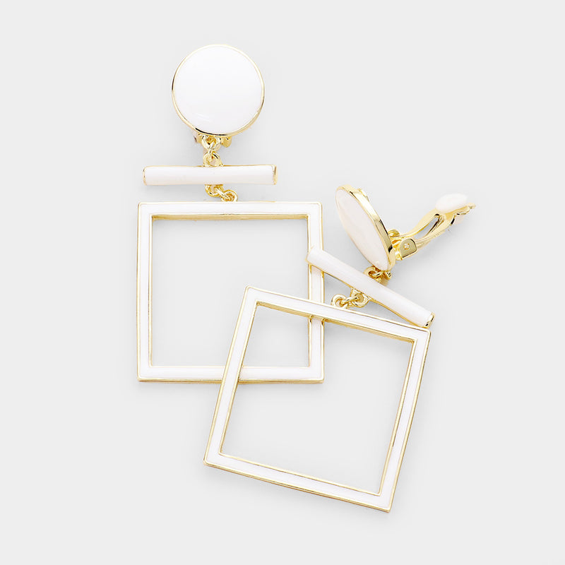 Clip on 4" gold and white dangle square earrings