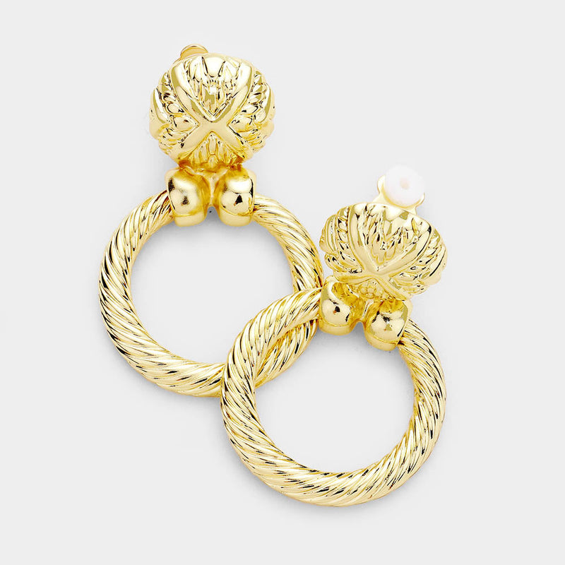 Clip on 2" gold indented dangling door knob hoop earrings
