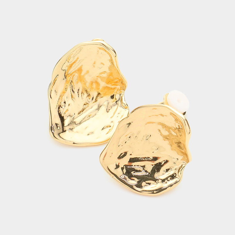 Clip on 1" shiny gold odd shaped hammered bent button style earrings