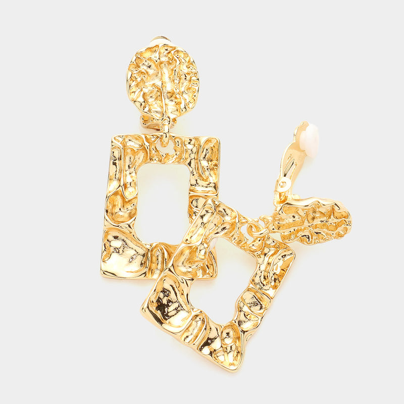 Clip on 1 3/4" shiny gold wrinkled dangle square earrings