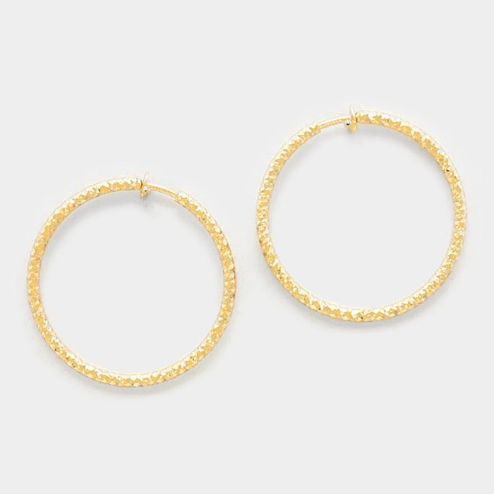 Clip on 1 1/4" silver or gold textured chain link hoop earrings